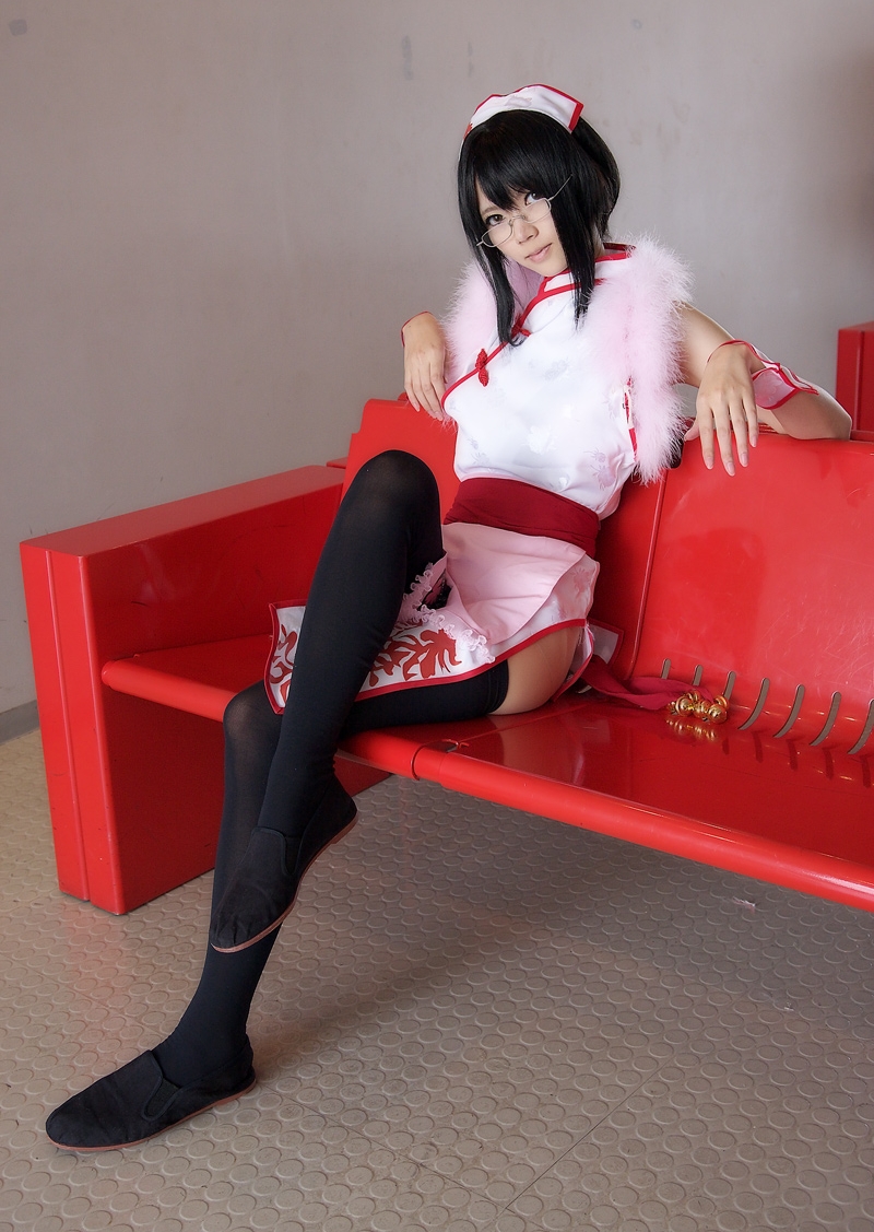 Brunette Asian Nurse wearing Black Opaque Stockings and White Short Dress